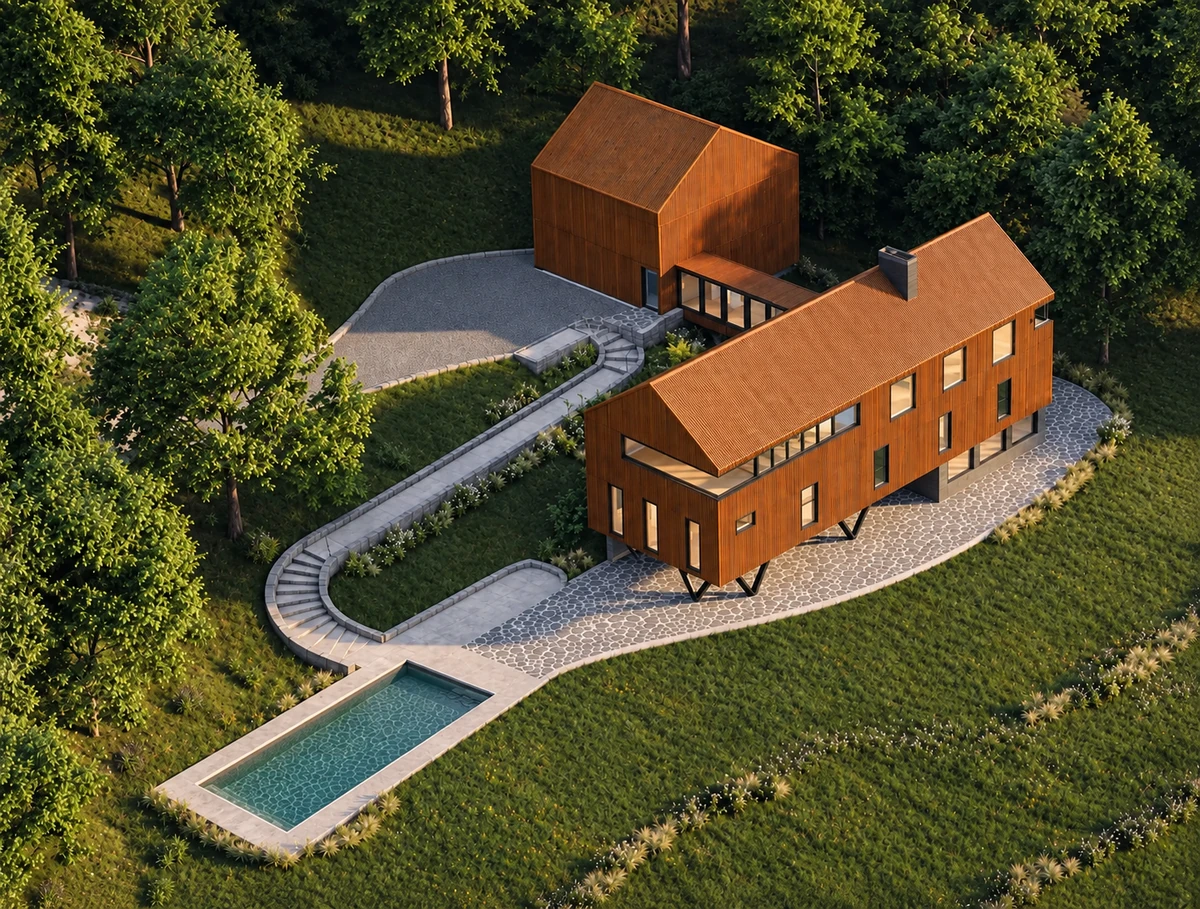 Corten Casa, 34 Byram Bay — aerial with pool and guest house