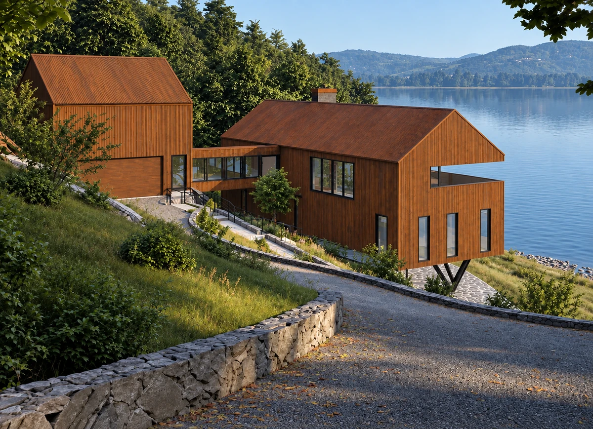 Corten Casa, 34 Byram Bay — approach from the drive, lake beyond
