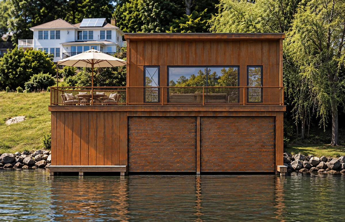 Corten Casa, 34 Byram Bay — the boathouse from the water, same view