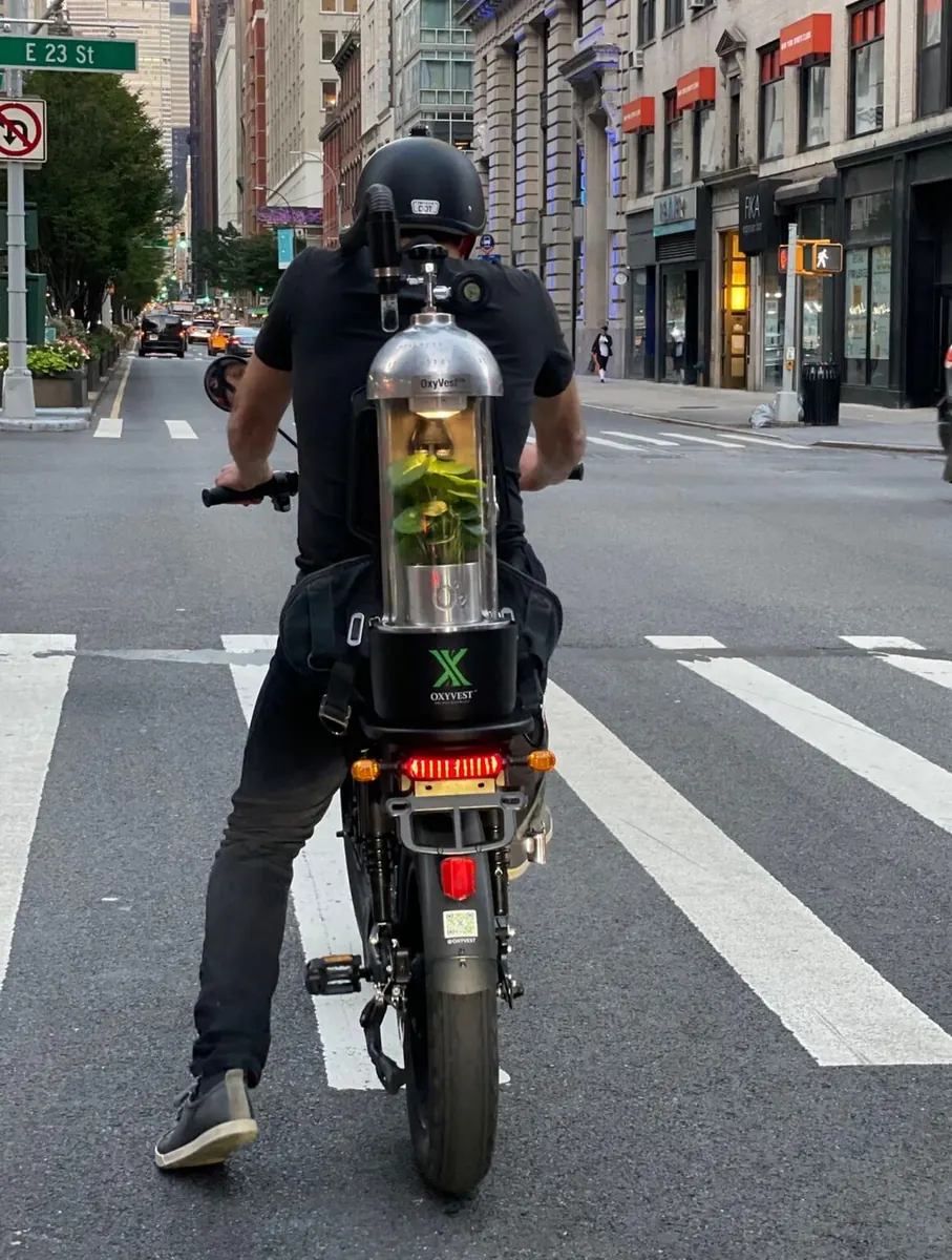 OxyVest — riding through NYC traffic, rear view