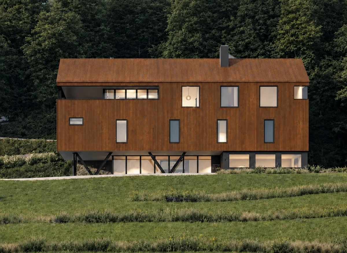 Corten Casa, 34 Byram Bay — lakefront elevation at dusk